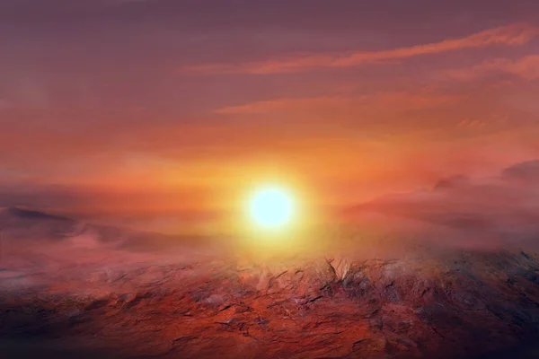 Fantastische Marslandschaft Sonnenuntergang Auf Dem Mars Roter Anderer Planet — Stockfoto