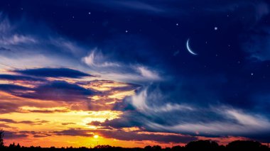 Crescent moon with beautiful sunset background . Generous Ramadan . New moon. Prayer time.  clipart