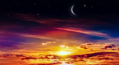  Hilal ay ve güzel günbatımı arka planı. Cömert Ramazan. Din arkaplanı 