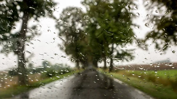 Rain droplets on car windshield . Look on the water drops on car windshield from inside the car at rain on the city street