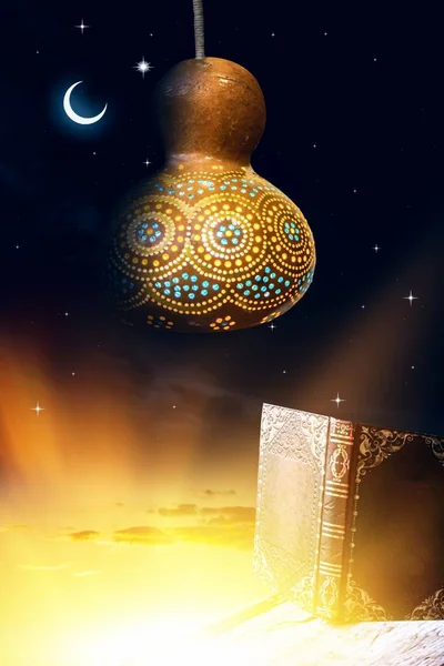 Religious flashlight .  Islamic arabic ornament   .   holiday Beautiful prerequisites with a shining flashlight .  New moon. Prayer time.