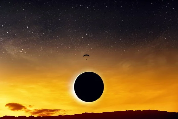 Затемнення Сонця Яскраве Видовище Фон Небесного Тіла Параплан Летить Заході — стокове фото
