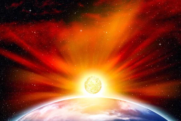 Üç boyutlu görüntüler. Dünya ve güneş, uzayın güneş sistemi. Görüntü