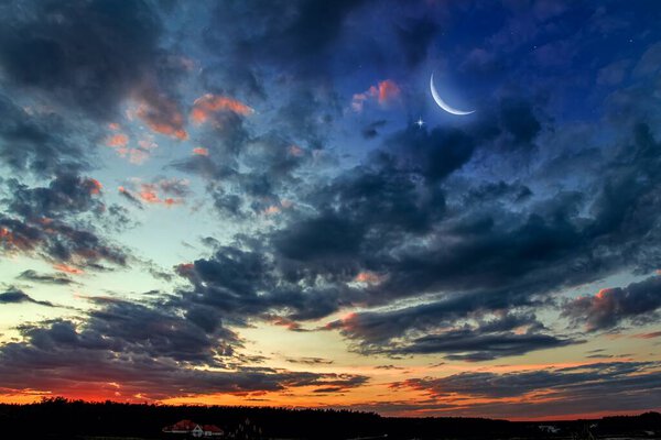 New moon. Prayer time. Generous Ramadan. Sunset in the clouds and new moon. tranquility of the nature background