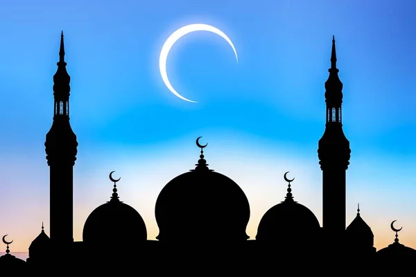 Mosque Silhouette Young Month Clouds Sunset Sky Illustrations — Stock Photo, Image