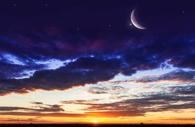 Hilal ve günbatımı gökyüzü ile Ramazan arkaplanı. Güzel şafak vakti