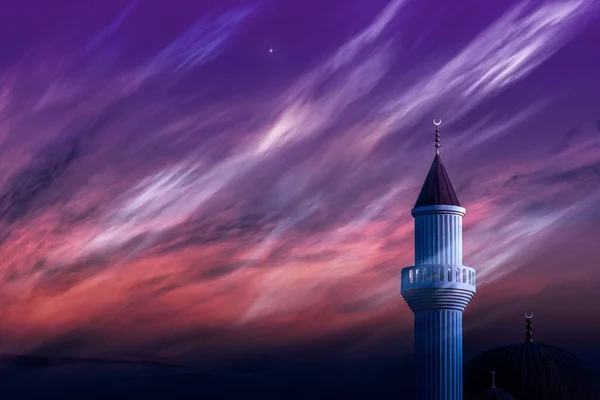 Silhouette Mosquée Jeune Mois Dans Les Nuages Coucher Soleil Ciel — Photo