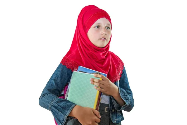 Teenager Muslimisches Arabisches Mädchen Schulpflichtiges Kind Auf Weißem Hintergrund — Stockfoto