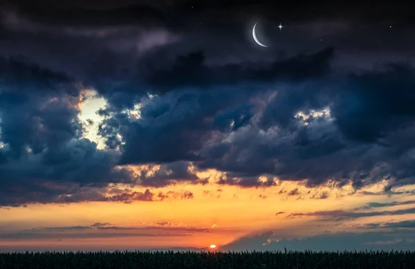 Ramadan background with a crescent and sunset sky . beautiful dawn in the morning