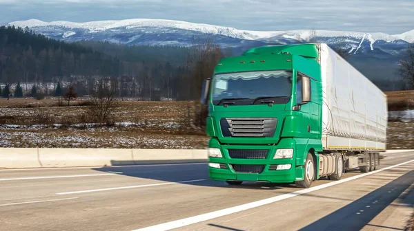 Caminhão Estrada Inverno Logística Transporte Caminhão Meio Paisagem Neve Nas — Fotografia de Stock