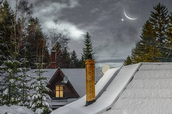 Kersthuis Winter Sneeuwwoud Achtergrond Skidorpen — Stockfoto