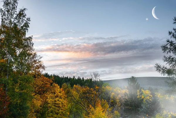 Őszi Táj Egy Fiatal Hónap Égen Hold — Stock Fotó