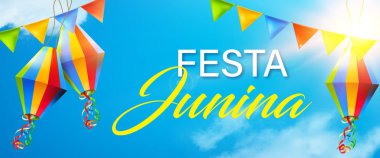 mavi güneşli gökyüzü ile festa junina arka plan illüstrasyon