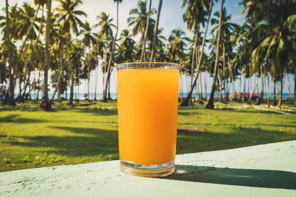 アプリコット コールド テーブル ビーチの背景 夏の概念 フレッシュ フルーツのカクテル 美しい熱帯の島の風景 ヤシの木立の背景に — ストック写真