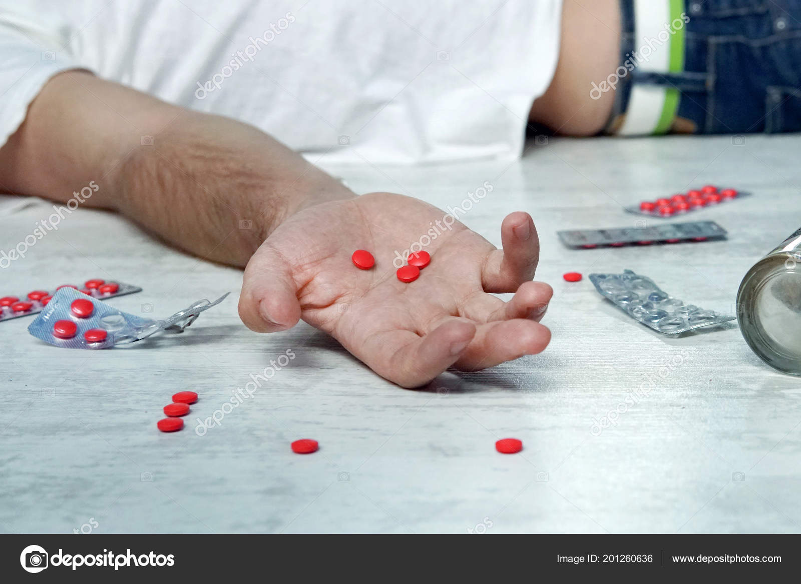 Suicide Depression Overdose Concept Dead Man Bottle Alcohol Pills