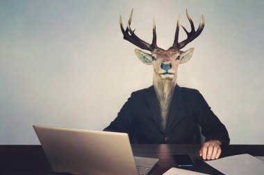 head deer's head. The concept of brainlessness and stupidity authorities or government. boss is a fool. stupid entrepreneur sitting at a table with a laptop phone and documents, unwise, thoughtless clipart