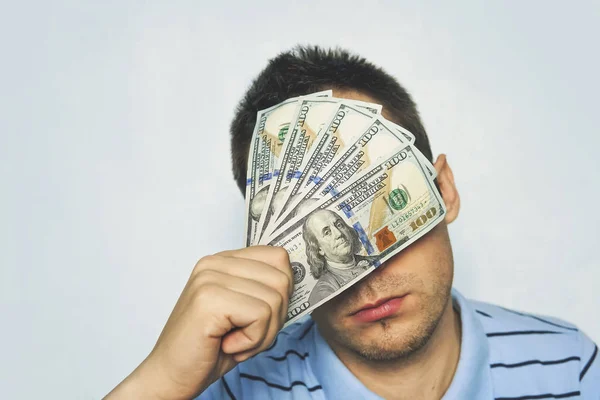 Hombre Esconde Sus Ojos Por Dinero Empresario Con Billete Dólar — Foto de Stock