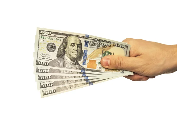 Man Hand Geven 100 Dollarbiljetten Geïsoleerd Een Witte Achtergrond 500 — Stockfoto