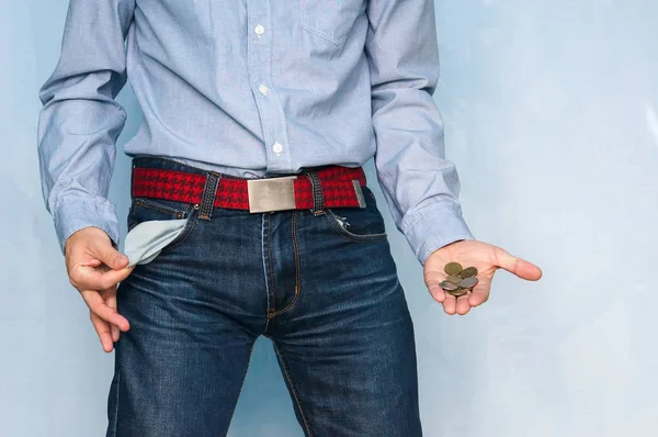 Guy Blue Jeans Turned Out Empty Pockets Demonstrating Inconsistency Poverty — Stock Photo, Image