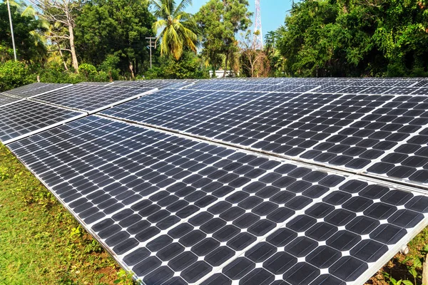 Painel Solar Céu Fundo Árvore Verde Energia Solar Alternativa — Fotografia de Stock