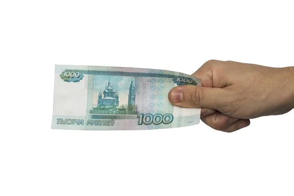 Mão Com Dinheiro Russo Isolado Fundo Branco Mil Rublos Mão — Fotografia de Stock