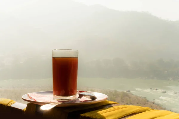 Glass Coffee Mountain River Morning Sunrise Foggy Frosty Morning Mountains — Stock Photo, Image