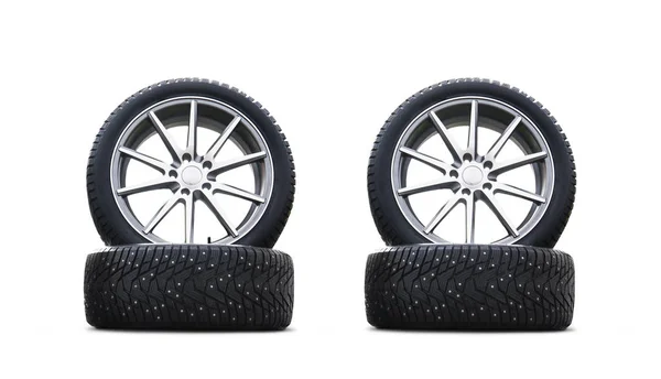Cuatro Nuevos Neumáticos Nieve Buen Aspecto Aislados Fondo Blanco Juego —  Fotos de Stock