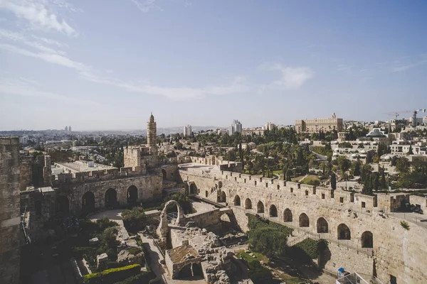 Panoramic view of David's tower at spring time in old city of Jerusalem, Israel. tower of David on the South wall of Jerusalem