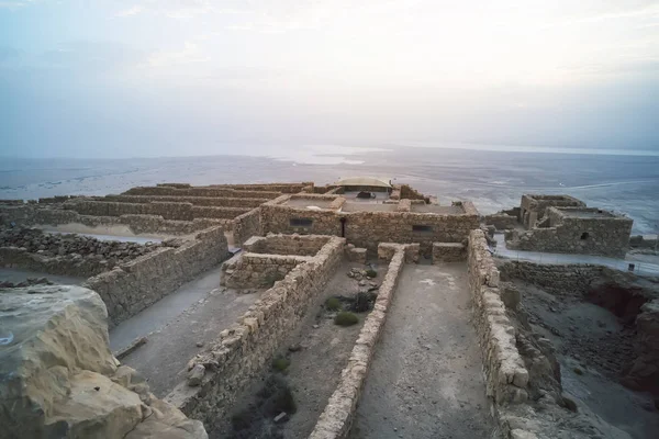 Ruïnes Van Masada Tegen Achtergrond Dode Zee Vroeg Ochtend Zonsopgang — Stockfoto