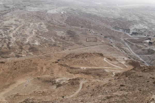 aerial view of the ruins of roman camp B at the masada fortress in the arava valley in israel. Historical ruins. Archaeological excavations in the desert.