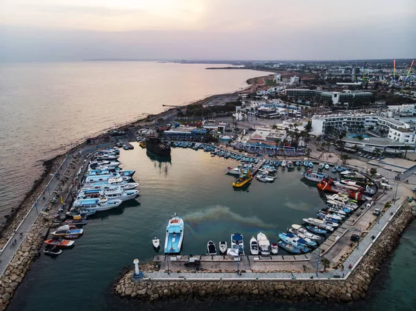 Lot Ships Port Shore Background Beautiful Sunset Mediterranean Coast Cyprus — Stock Photo, Image