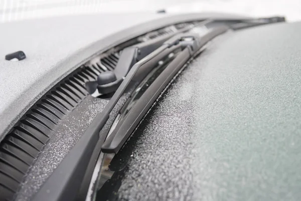 Close up footage of a car windshield, frost on the windshield of