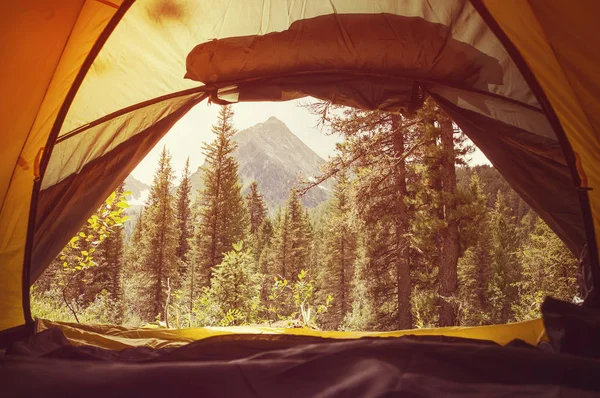 Sonnenaufgang Auf Dem Campingplatz Vom Zelt Aus Mit Blick Auf — Stockfoto