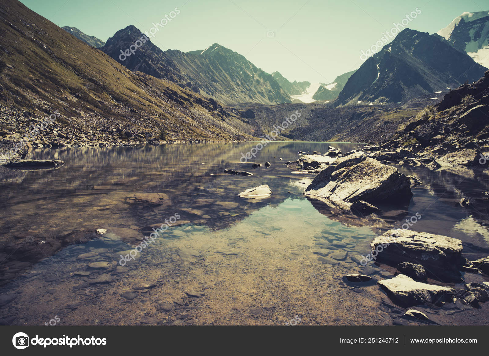 Panorama Of The Beautiful Blue Lake In The Mountains At Evening