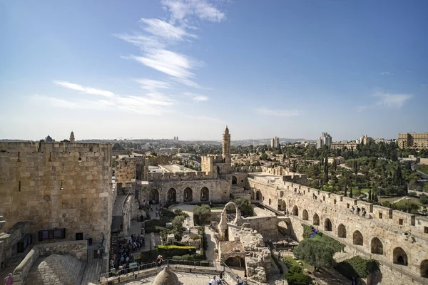 Panoramic view of Davids tower at spring time in old city of Jerusalem, Israel.