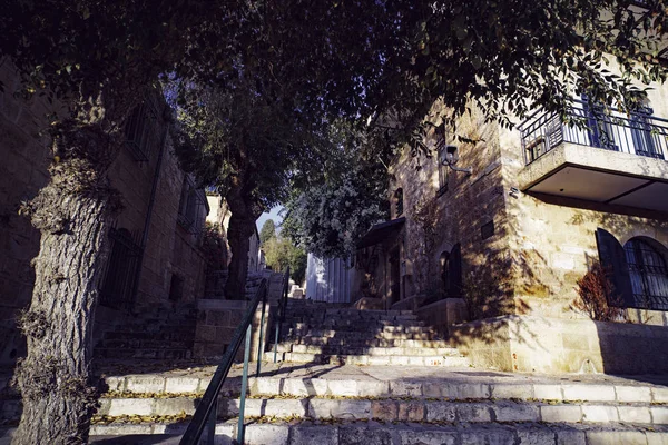 Escénica calle con escalones de piedra y plantas envejecidas, edificios antiguos y flores florecientes en la Ciudad Vieja de Jerusalén. Estilo de vida normal de los ciudadanos de Jerusalén. Arquitectura de la zona residencial en Israel . — Foto de Stock