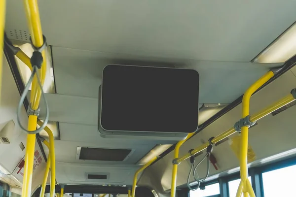 LCD Screen announcement on public transportation. black TV without information inside the bus. Video advertising in public transport. Mock up electronic media board.