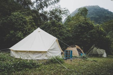 ormanda açık havada tuval çan çadırları. Ormanda glamping. Ormanda çadır çok turist kampı.