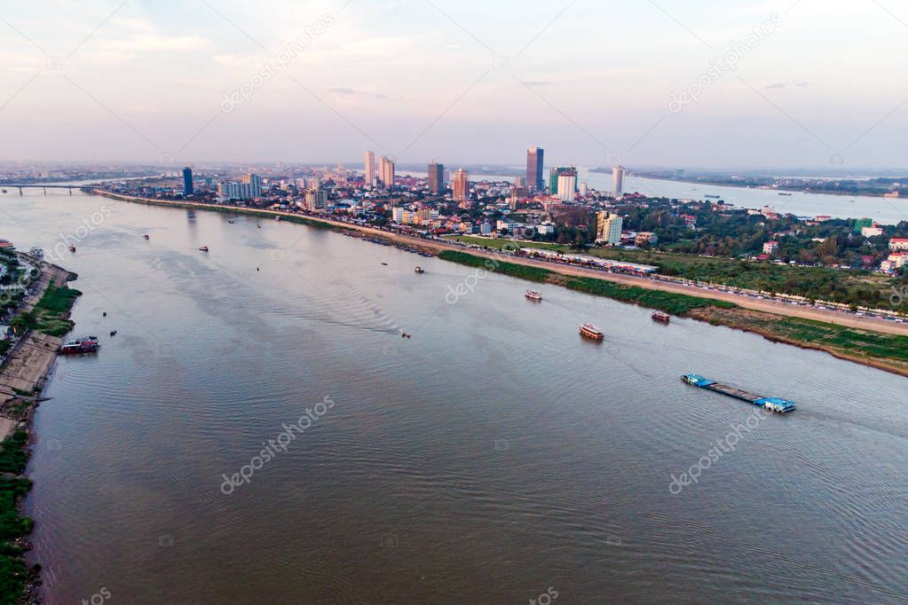 Phnom Penh city skyline, Tonle Sap River. Phnom Penh is capital and largest city in Cambodia. Top aerial view