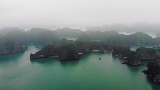 Prachtige Halong Bay in Vietnam. Halong cruise in mistige weer door de wereldberoemde baai. Geweldig uitzicht cruiseschip — Stockvideo
