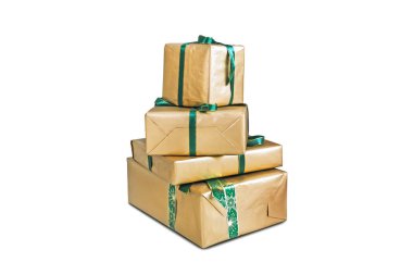four large boxes wrapped in shiny gold gift paper. Beautiful gifts for Christmas and new year. Holiday gifts. Holiday gift boxes decorated with ribbon isolated on white background. clipart
