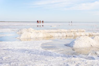 Turistler tuzlu suda yürür. Bursol köyü yakınlarındaki Salt Lake Burlin, Slavgorod bölgesi. Altai Krai, Rusya.
