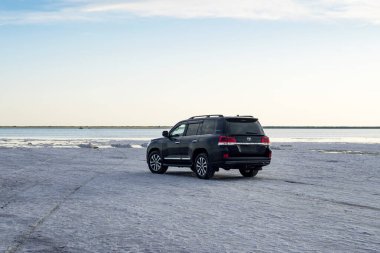 Toyota kara kruvazörü SUv tuz gölü burlinskoye kıyısında duruyor. Köy işkembesi. Slavgorod bölgesi. Altai bölgesi. Rusya