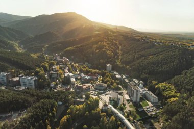 Altai bölgesindeki küçük bir kasabanın havadan görünüşü. Belokurikha tatil köyünün en iyi manzarası. Dağların yamaçlarındaki ormanların arasındaki evlerin kuş bakışı görüntüsü..