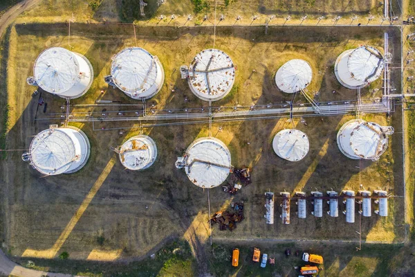 Liquid chemical tank terminal, Storage of liquid chemical and petrochemical products tank, The tank with petrol white color top view. Aerial view