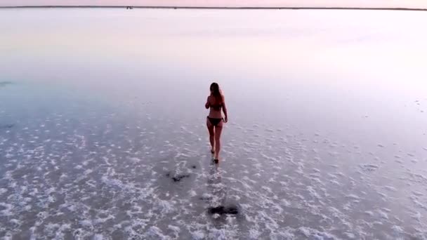 Sebuah Model Ramping Indah Berjalan Danau Garam Terhadap Matahari Terbenam — Stok Video