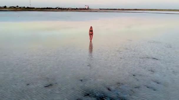 Ein Mädchen Schwarzen Badeanzug Steht Wasser Und Blickt Den Sonnenuntergang — Stockvideo