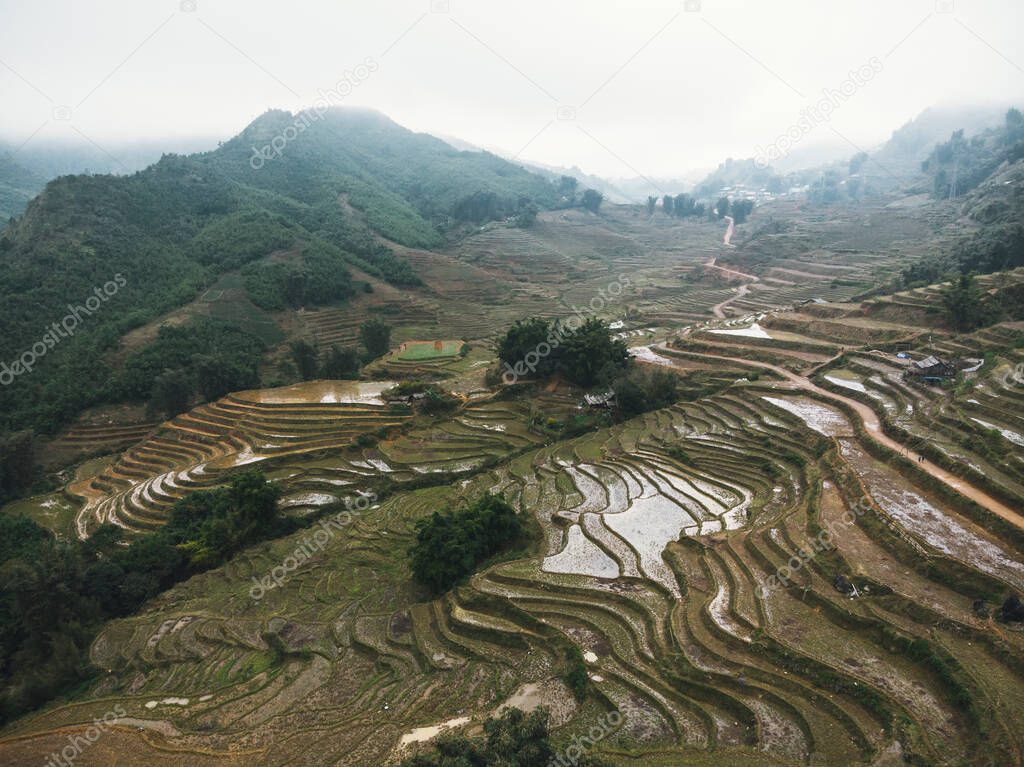 Panoramic view of Terraced rice field in Sapa, Lao Cai, Vietnam in a winter day. the rainy season in Vietnam . Rice terraces in fog