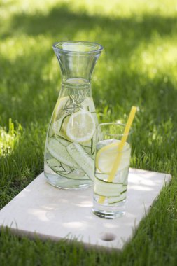 Su, buz, limon ve biberiye ile taze limonata detoks. Taze serin limon salatalık nane infüzyon su, kokteyl, detoks içecek, bahar için bir cam kavanoza limonata yaz gün. 