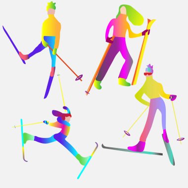 Kayak insanlar kümesi. El kayakçı beyaz zemin üzerine çekilmiş. Kış vektör çizim.